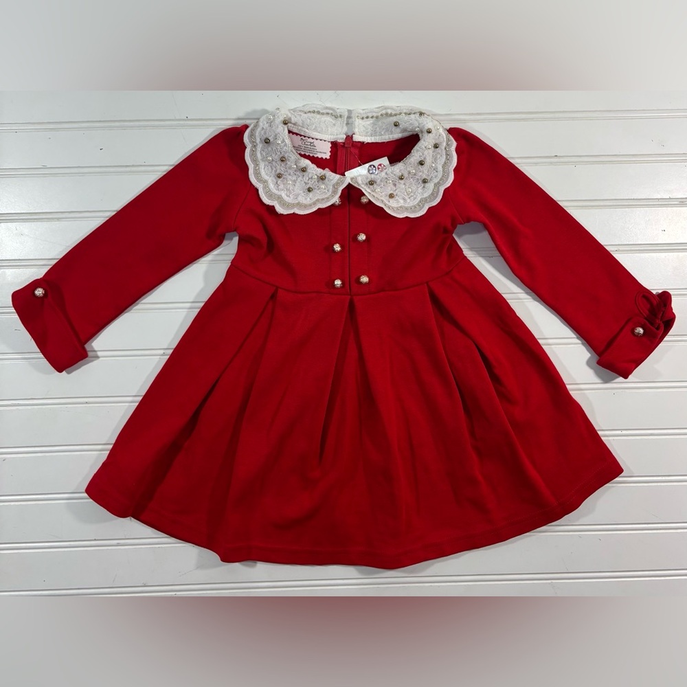 Sweet Charlotte Red Dress White Lace Collar Preppy Toddler Girls Size 4 Beads